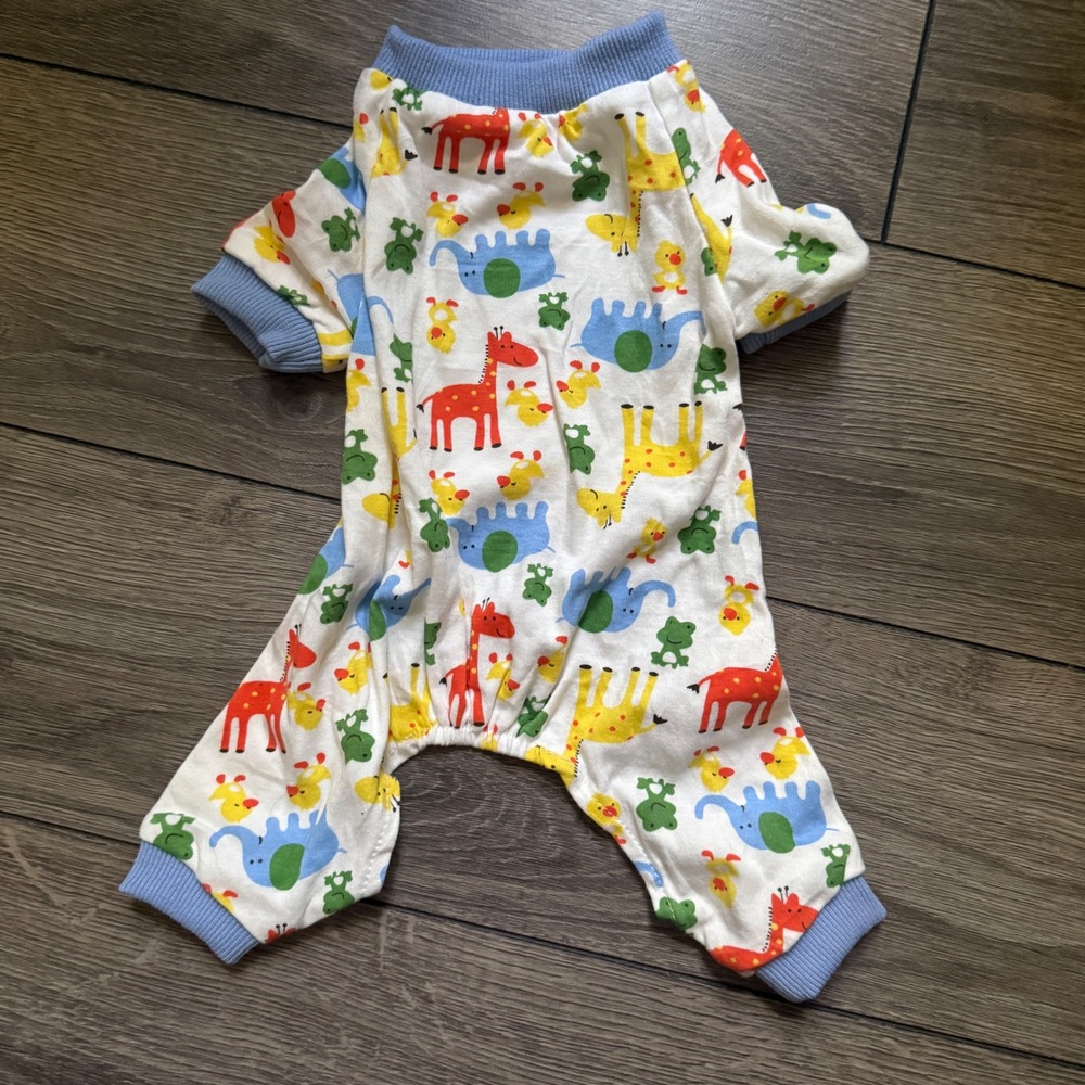 Small Pet Pajamas Dog Onesie Animal Print Giraffe Elephant Blue White S
